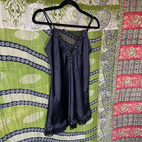 Vintage Y2K Black Silk Bedazzled Fringe Slip Dress Size Extra Small - Picture 9 of 15
